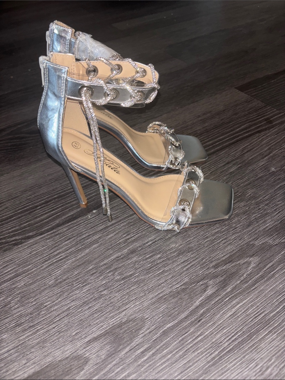 Mata Shoes Silver Metallic Chain-Strap Stiletto Sandals